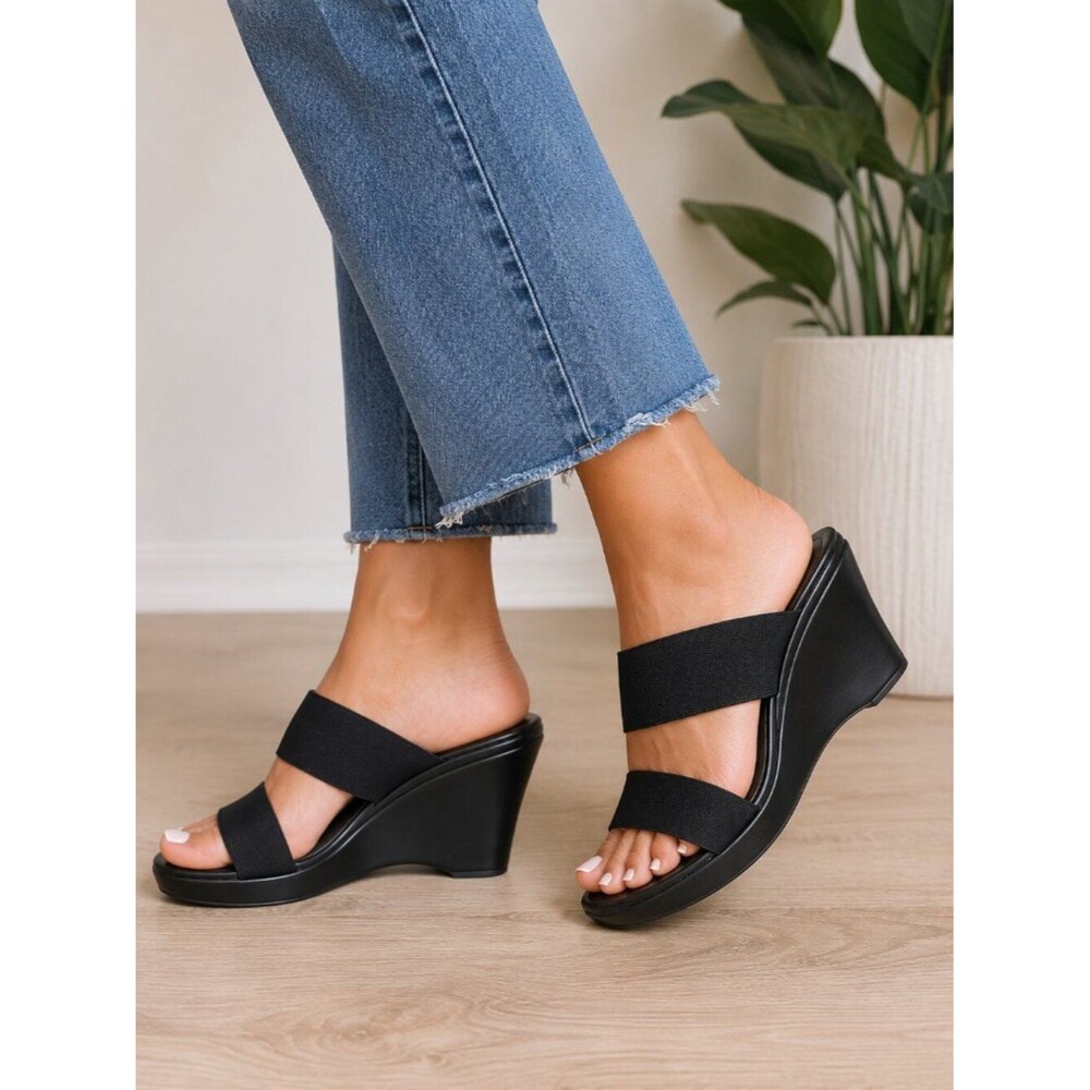 Tommy Hilfiger Wedge Sandals Women 8 Black Platform Elastic Strap Slip On